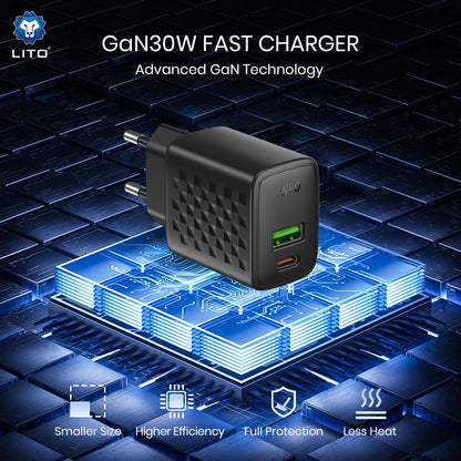 Punjač za mrežu Lito LC19, 30W, 3A, 1 x USB-A - 1 x USB-C, Crni