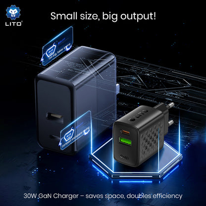 Punjač za mrežu Lito LC19, 30W, 3A, 1 x USB-A - 1 x USB-C, Crni