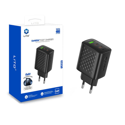 Punjač Mreža Lito LC25, 65W, 3.25A, 1 x USB-A - 2 x USB-C, Crni