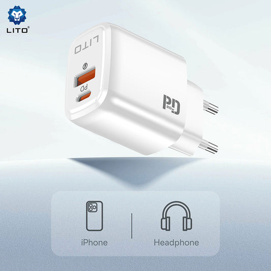 Punjač Mreža Lito LC28, 20W, 3A, 1 x USB-A - 1 x USB-C, Beli