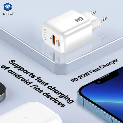 Punjač Mreža Lito LC28, 20W, 3A, 1 x USB-A - 1 x USB-C, Beli