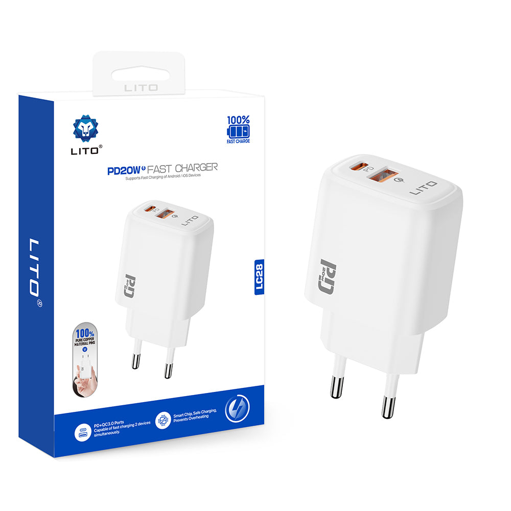 Punjač Mreža Lito LC28, 20W, 3A, 1 x USB-A - 1 x USB-C, Beli