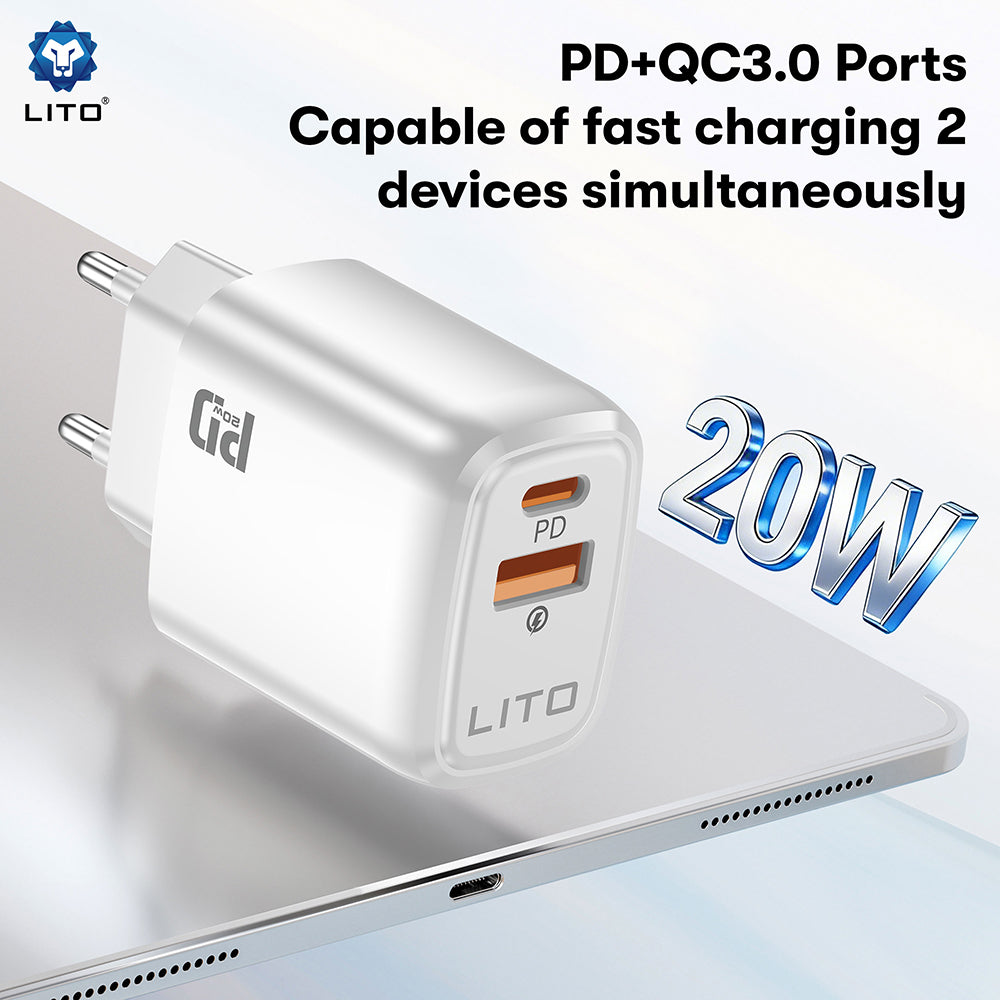 Punjač Mreža Lito LC28, 20W, 3A, 1 x USB-A - 1 x USB-C, Beli