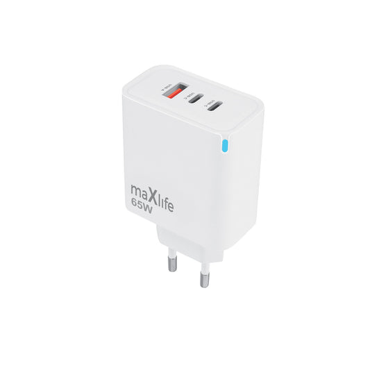 Punjač za mrežu MaXlife MXTC-09-65ACC, 65W, 3.25A, 1 x USB-A - 2 x USB-C, Beli