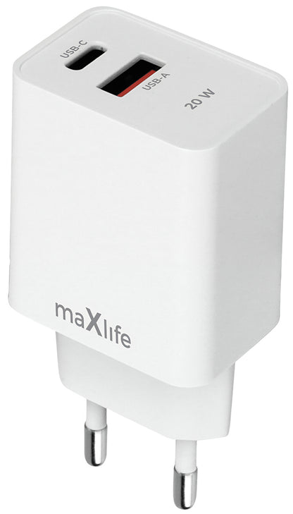 Punjač za mrežu MaXlife MXTC-13-20AC, 20W, 3A, 1 x USB-A - 1 x USB-C, Beli
