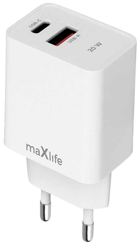 Punjač za mrežu MaXlife MXTC-13-20AC, 20W, 3A, 1 x USB-A - 1 x USB-C, Beli