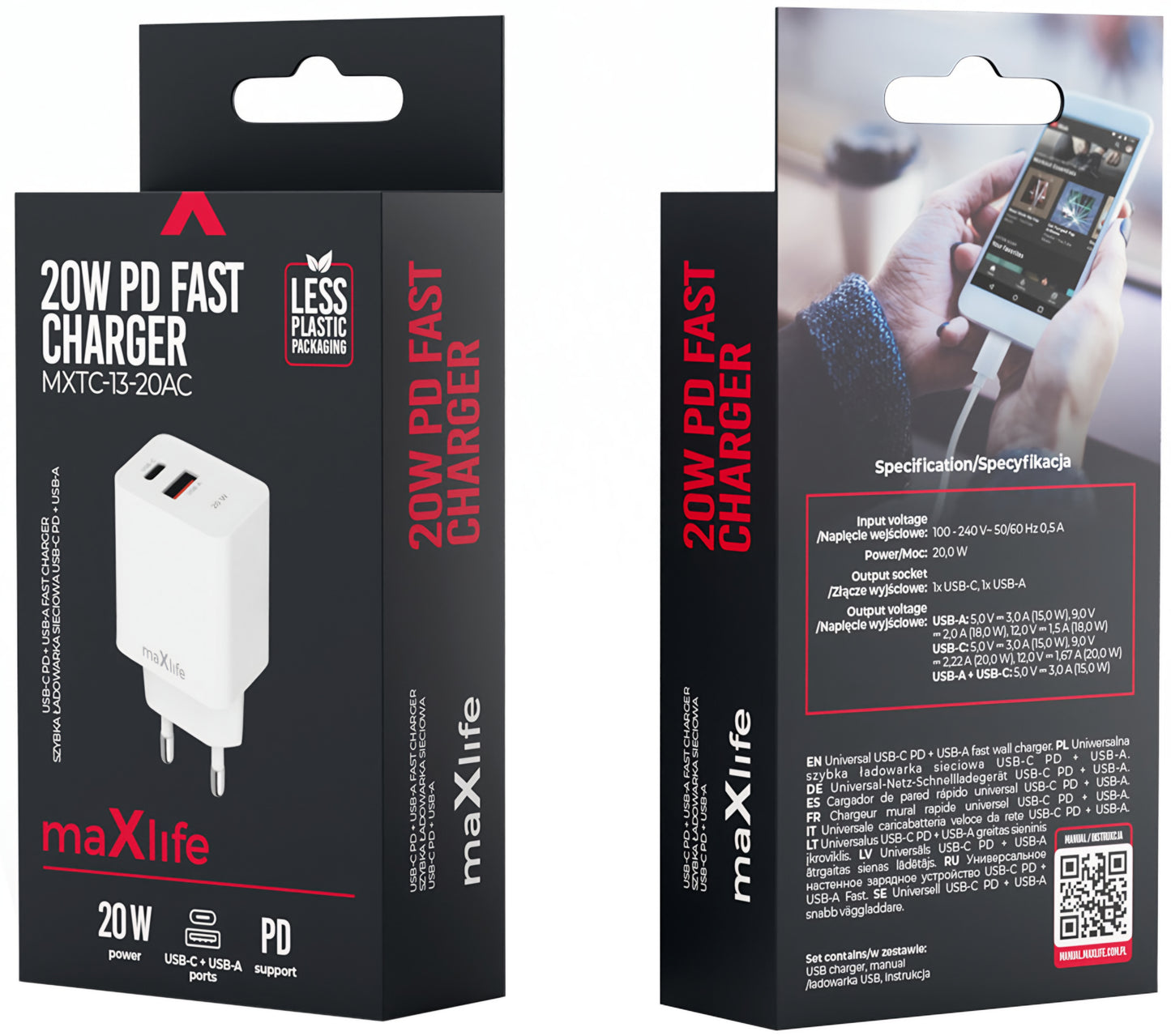 Punjač za mrežu MaXlife MXTC-13-20AC, 20W, 3A, 1 x USB-A - 1 x USB-C, Beli