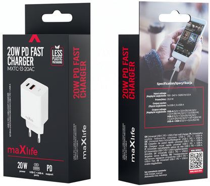 Punjač za mrežu MaXlife MXTC-13-20AC, 20W, 3A, 1 x USB-A - 1 x USB-C, Beli
