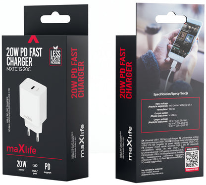 Punjač za mrežu MaXlife MXTC-13-20C, 20W, 3A, 1 x USB-C, Bela