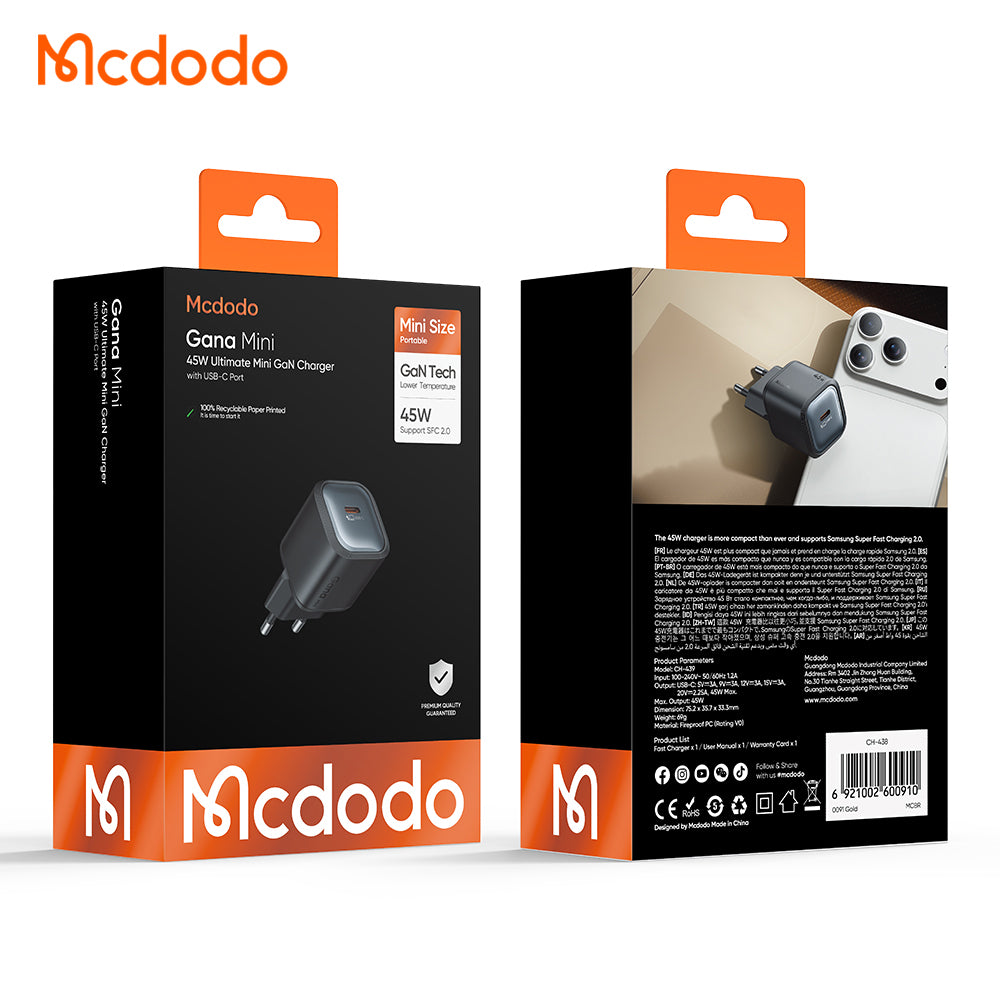 Mrežni punjač McDodo CH-4391 Ultimate Mini, 45W, 3A, 1 x USB-C, Crni