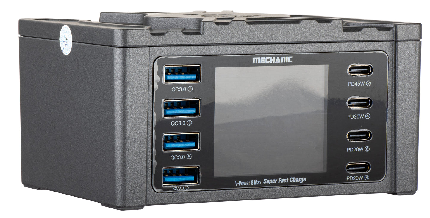 Punjač Stanica Mechanic V-Power Max sa displejem, 115W, 3A, 4 x USB-A - 4 x USB-C, Crna