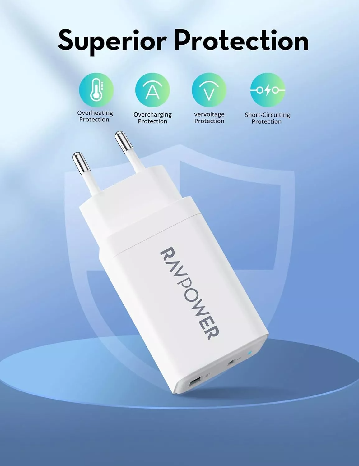 Punjač za mrežu RavPower RP-PC171, 45W, 3A, 1 x USB-A - 1 x USB-C, Bela