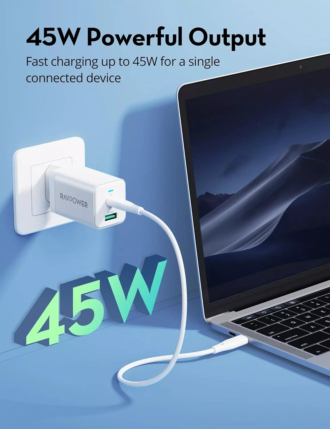 Punjač za mrežu RavPower RP-PC171, 45W, 3A, 1 x USB-A - 1 x USB-C, Bela