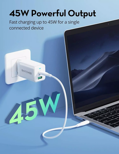 Punjač za mrežu RavPower RP-PC171, 45W, 3A, 1 x USB-A - 1 x USB-C, Bela