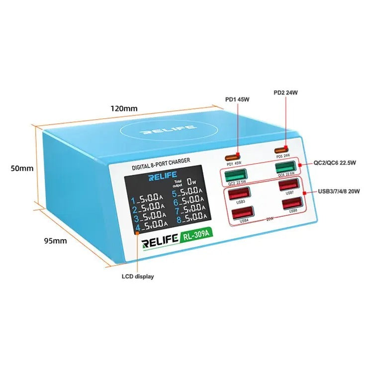 Punjač Stanica Relife RL-309A, 100W, 4.5A, 2 x USB-C - 6 x USB-A, Plavi