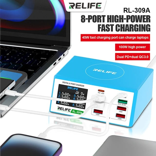 Punjač Stanica Relife RL-309A, 100W, 4.5A, 2 x USB-C - 6 x USB-A, Plavi