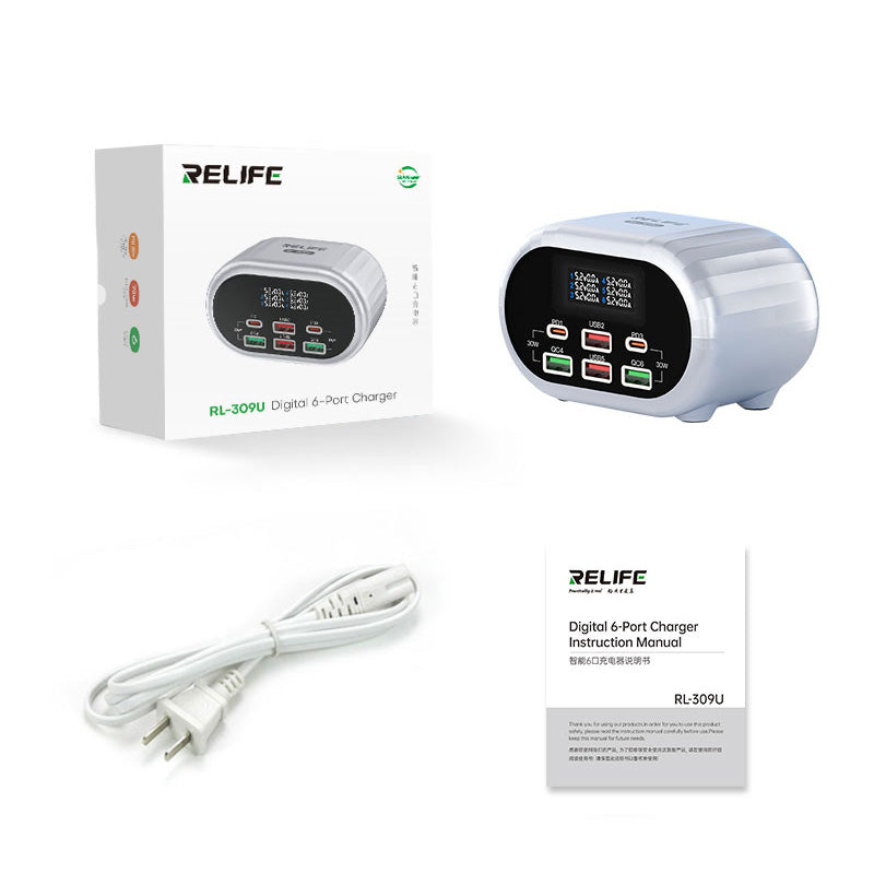 Network Charger Relife RL-309U, 72W, 5A, 2 x USB-C - 4 x USB-A, Silver 