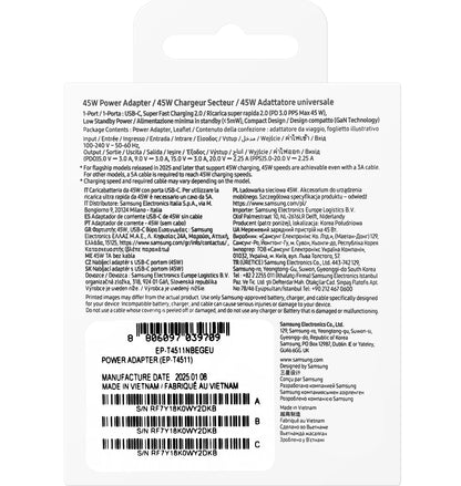 Punjač Samsung, 45W, 4.05A, 1 x USB-C, Crni EP-T4511NBEGEU