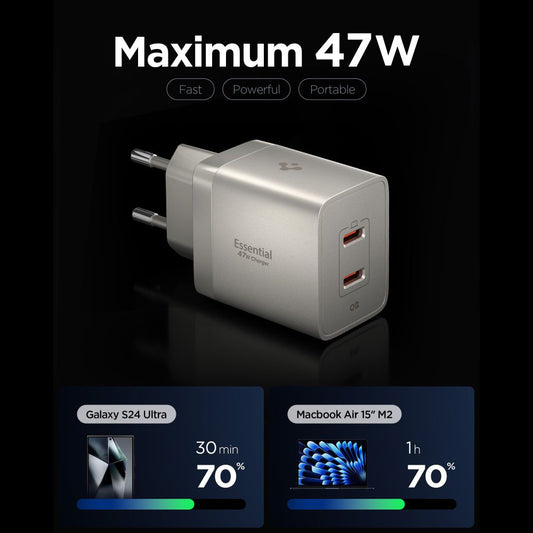 Mrežni punjač Spigen EE472EU Essential, 47W, 3A, 2 x USB-C, Titan Siva ACH10451