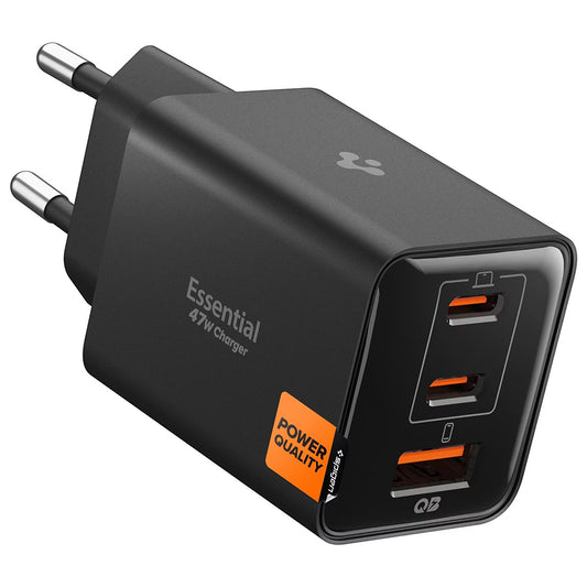 Punjač za mrežu Spigen EE473EU Essential, 47W, 3A, 1 x USB-A - 2 x USB-C, Crni ACH09465