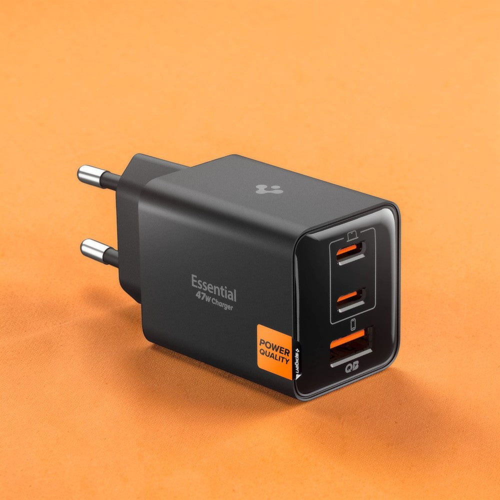 Punjač za mrežu Spigen EE473EU Essential, 47W, 3A, 1 x USB-A - 2 x USB-C, Crni ACH09465