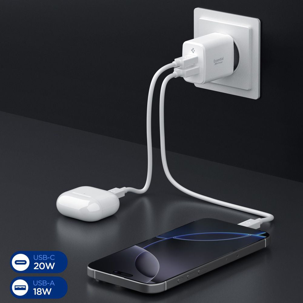 Punjač mreže Spigen Essential, 20W, 3A, 1 x USB-A - 1 x USB-C, Beli ACH08704
