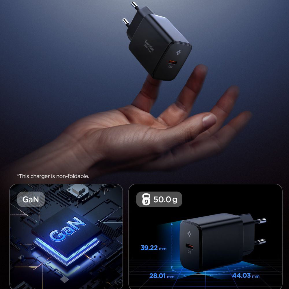 Punjač za mrežu Spigen Essential, 20W, 3A, 1 x USB-C, Crni