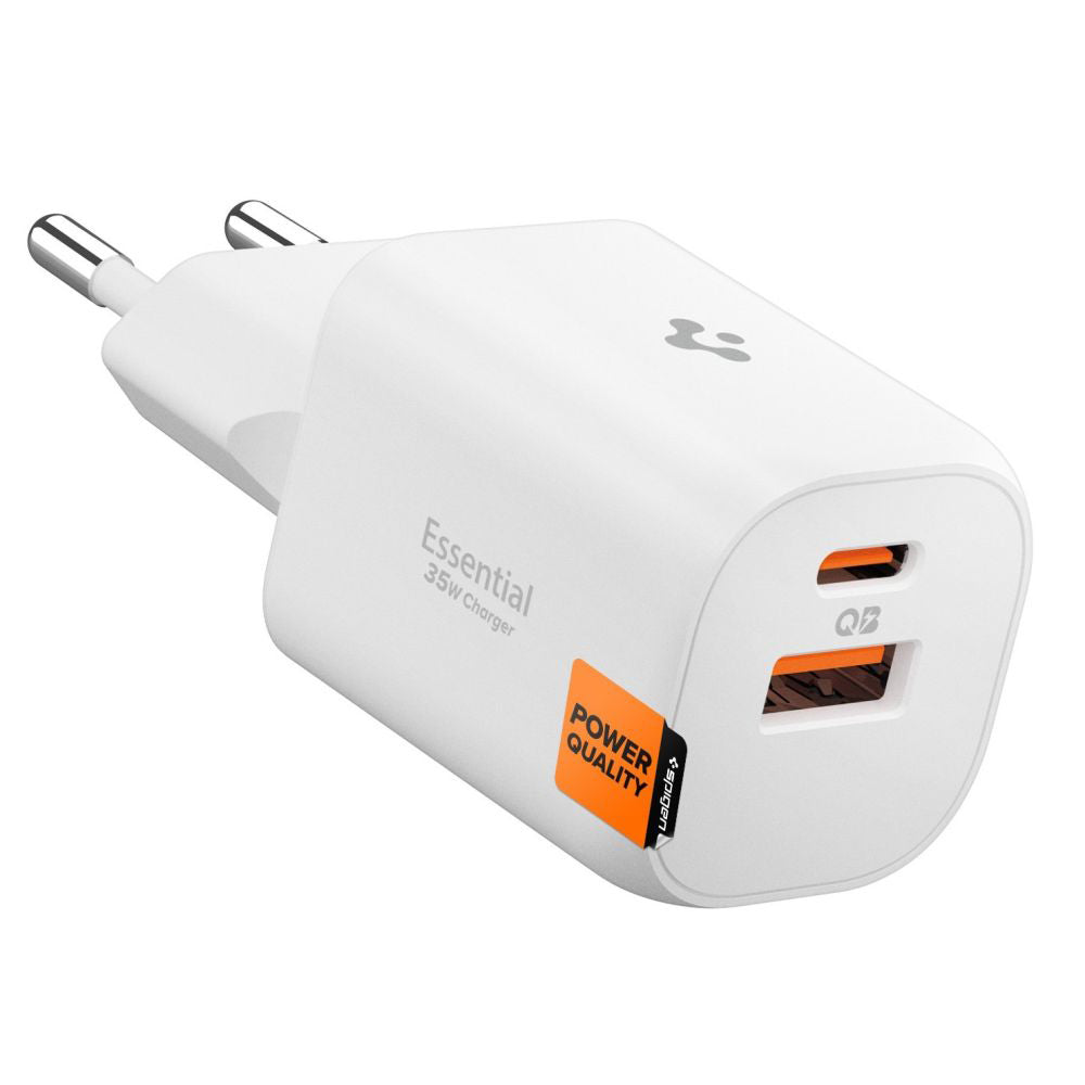 Punjač za mrežu Spigen Essential, 35W, 3A, 1 x USB-A - 1 x USB-C, Beli