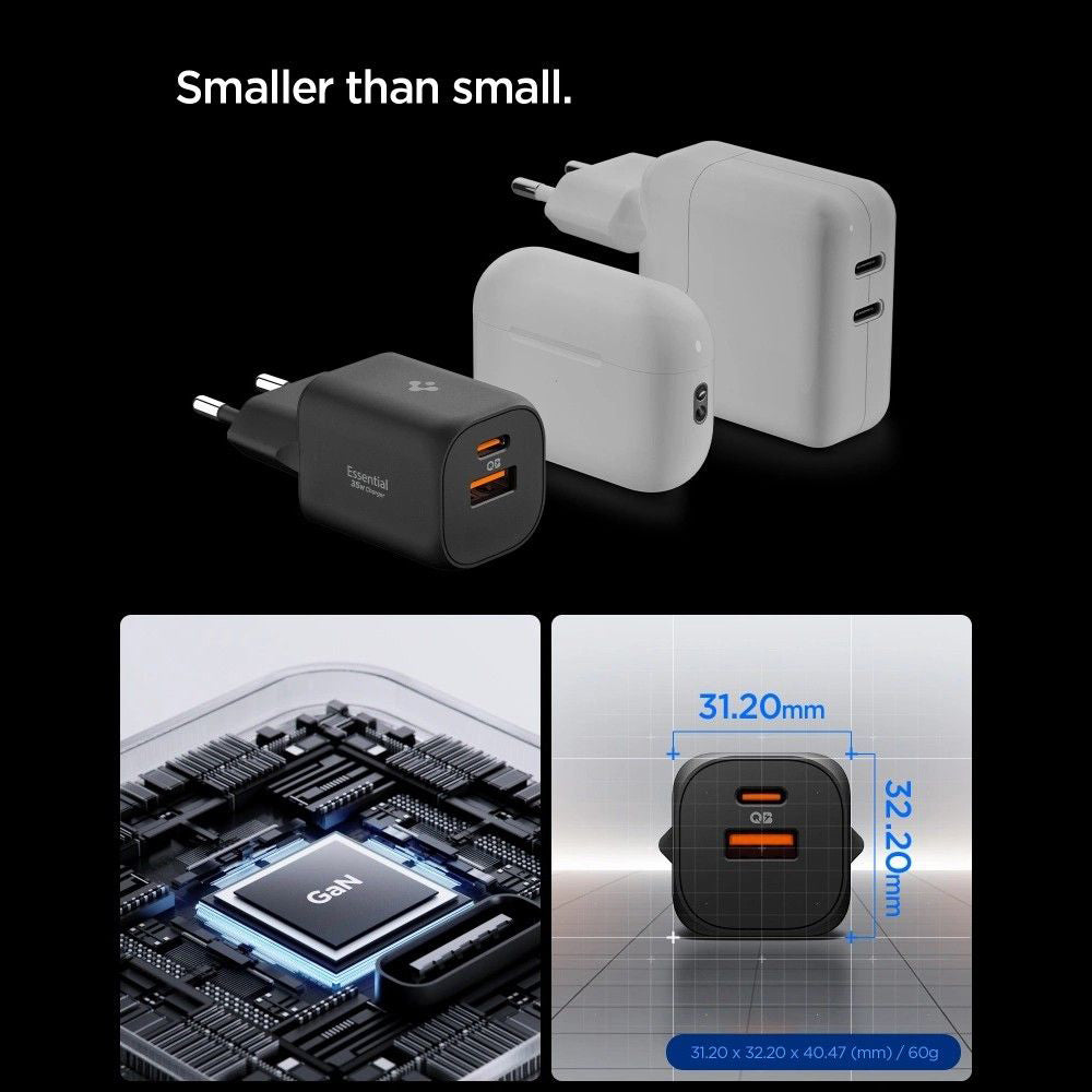 Punjač za mrežu Spigen Essential, 35W, 3A, 1 x USB-A - 1 x USB-C, Beli