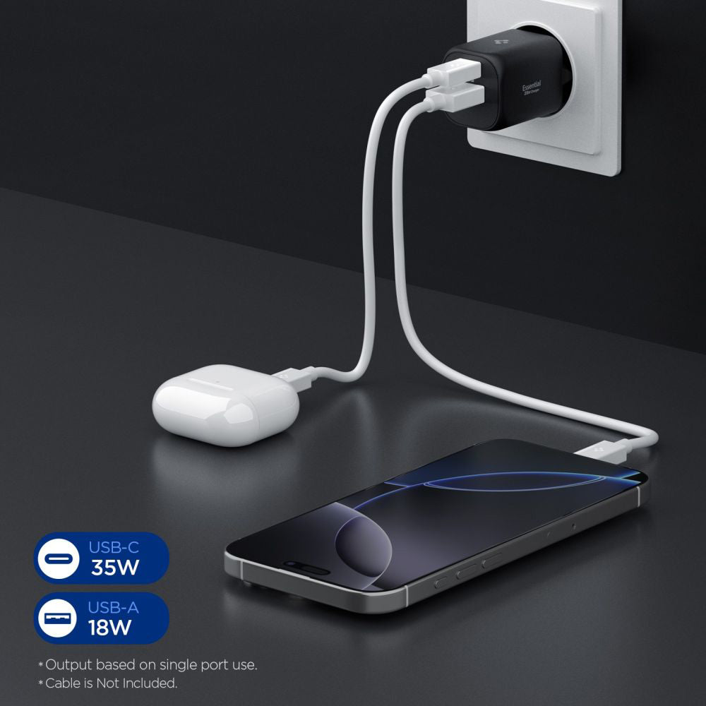 Punjač za mrežu Spigen Essential, 35W, 3A, 1 x USB-A - 1 x USB-C, Crni