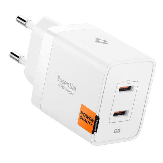 Punjač za mrežu Spigen Essential, 47W, 3A, 2 x USB-C, Beli