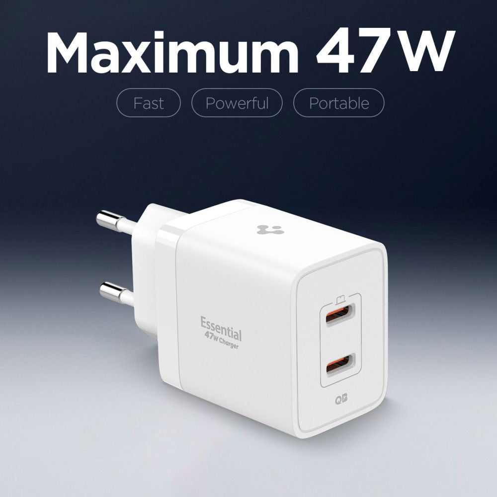 Punjač za mrežu Spigen Essential, 47W, 3A, 2 x USB-C, Beli ACH08707