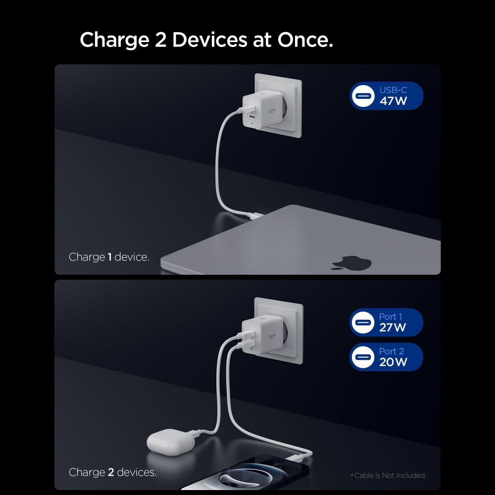 Punjač za mrežu Spigen Essential, 47W, 3A, 2 x USB-C, Beli ACH08707