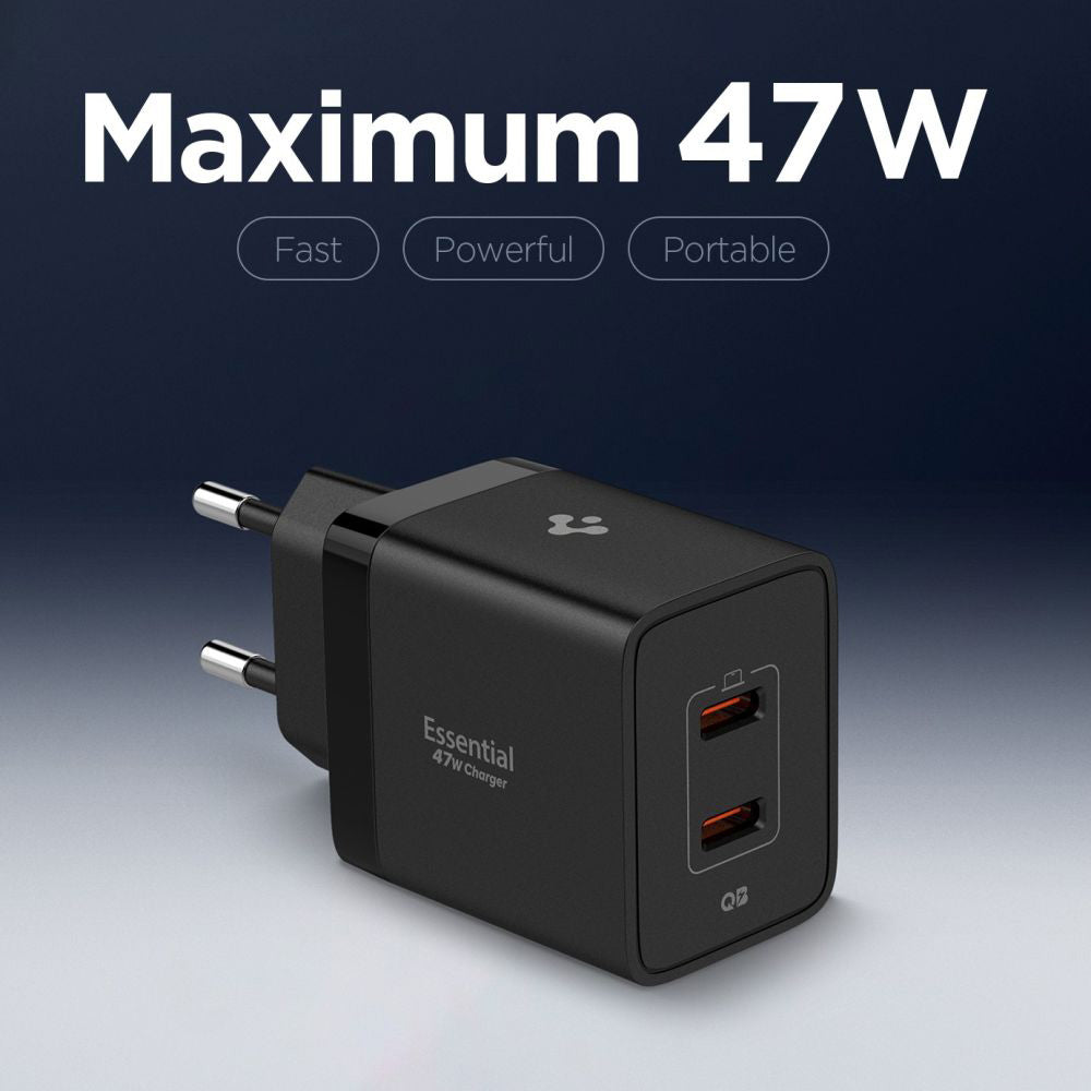 Punjač za mrežu Spigen Essential, 47W, 3A, 2 x USB-C, Crni