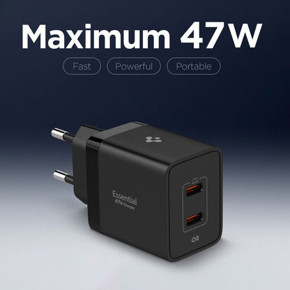 Punjač za mrežu Spigen Essential, 47W, 3A, 2 x USB-C, Crni