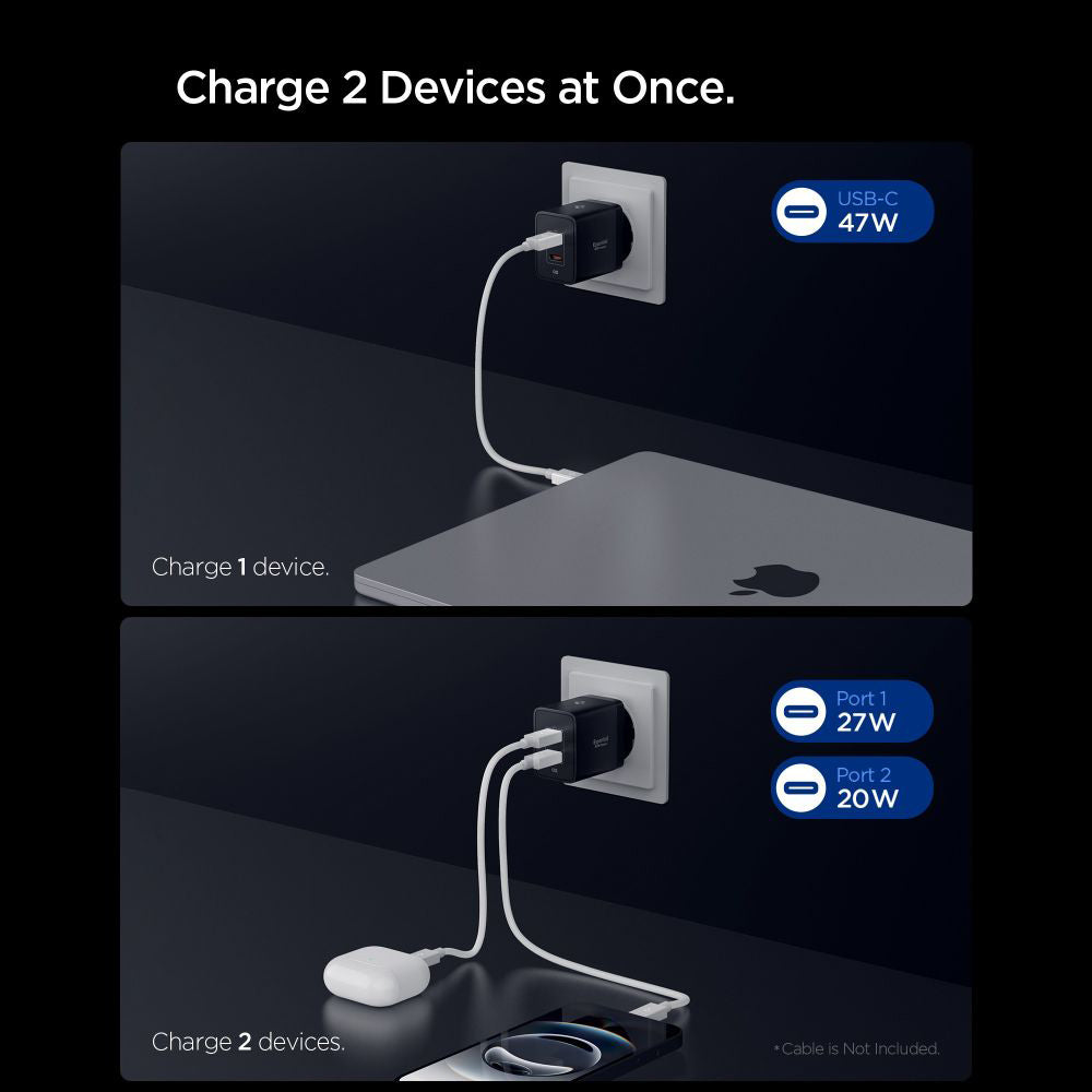 Punjač za mrežu Spigen Essential, 47W, 3A, 2 x USB-C, Crni