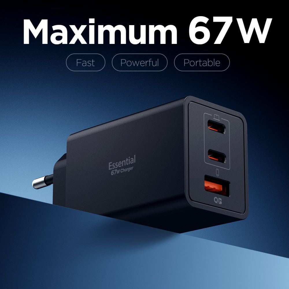 Punjač mreže Spigen Essential, 67W, 3.25A, 1 x USB-A - 2 x USB-C, Crni