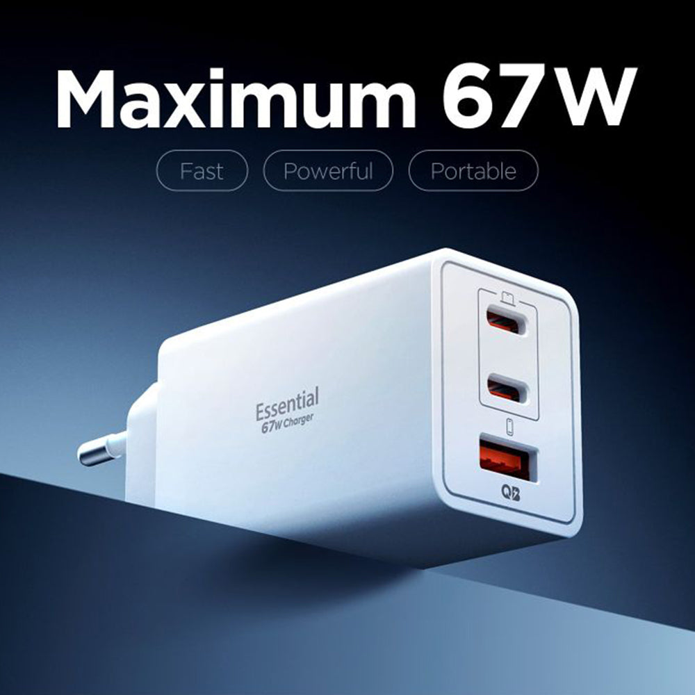 Punjač mreže Spigen Essential, 67W, 3.25A, 1 x USB-A - 2 x USB-C, Beli ACH08710