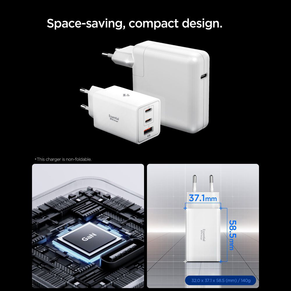 Punjač mreže Spigen Essential, 67W, 3.25A, 1 x USB-A - 2 x USB-C, Beli ACH08710