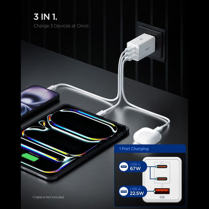 Punjač mreže Spigen Essential, 67W, 3.25A, 1 x USB-A - 2 x USB-C, Beli ACH08710