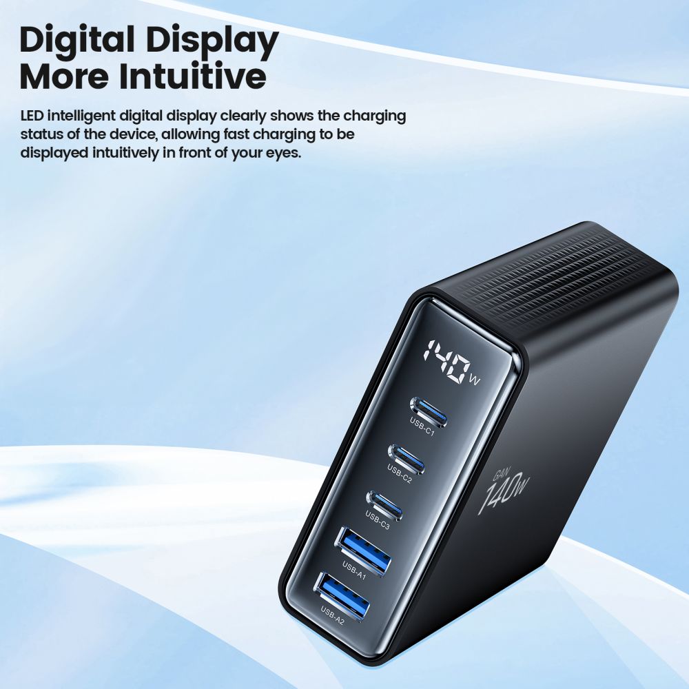 Punjač Stanica Tech-Protect DC140W, 140W, 3A, 2 x USB-A - 3 x USB-C, Crna