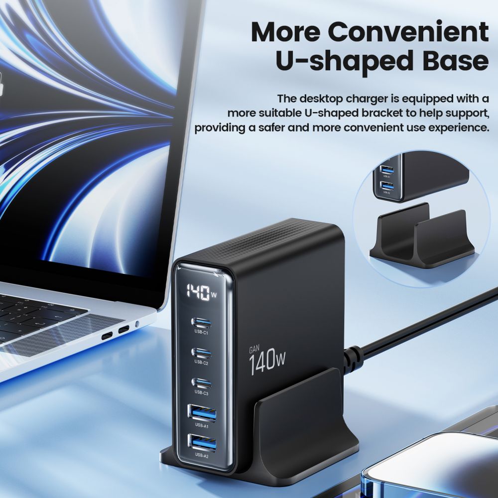 Punjač Stanica Tech-Protect DC140W, 140W, 3A, 2 x USB-A - 3 x USB-C, Crna
