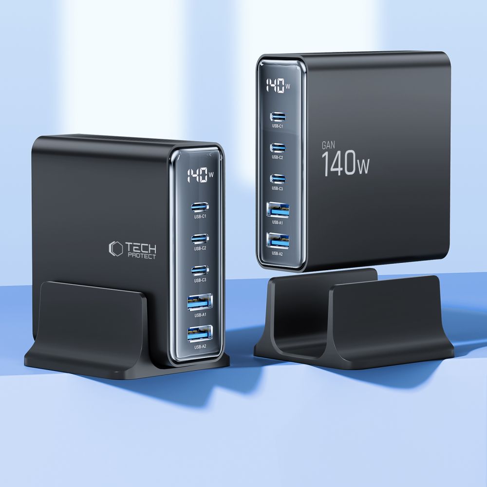 Punjač Stanica Tech-Protect DC140W, 140W, 3A, 2 x USB-A - 3 x USB-C, Crna