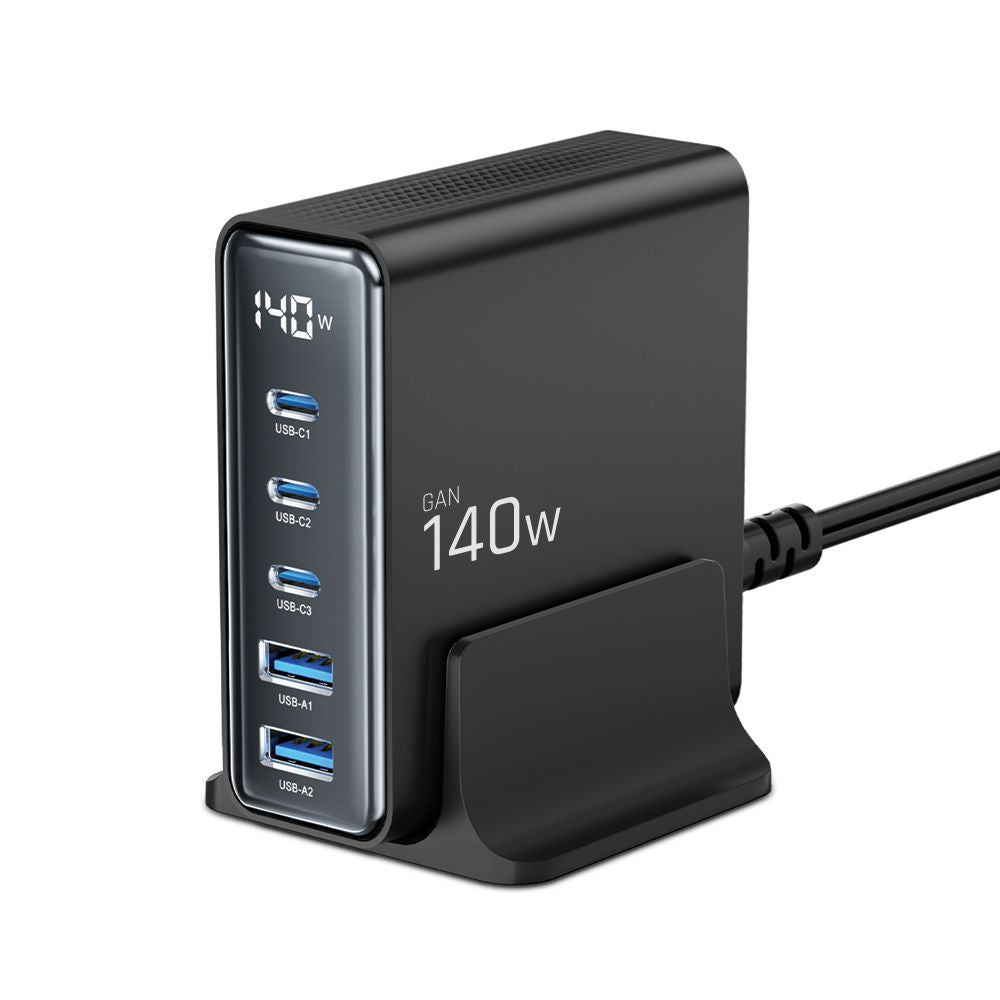 Punjač Stanica Tech-Protect DC140W, 140W, 3A, 2 x USB-A - 3 x USB-C, Crna