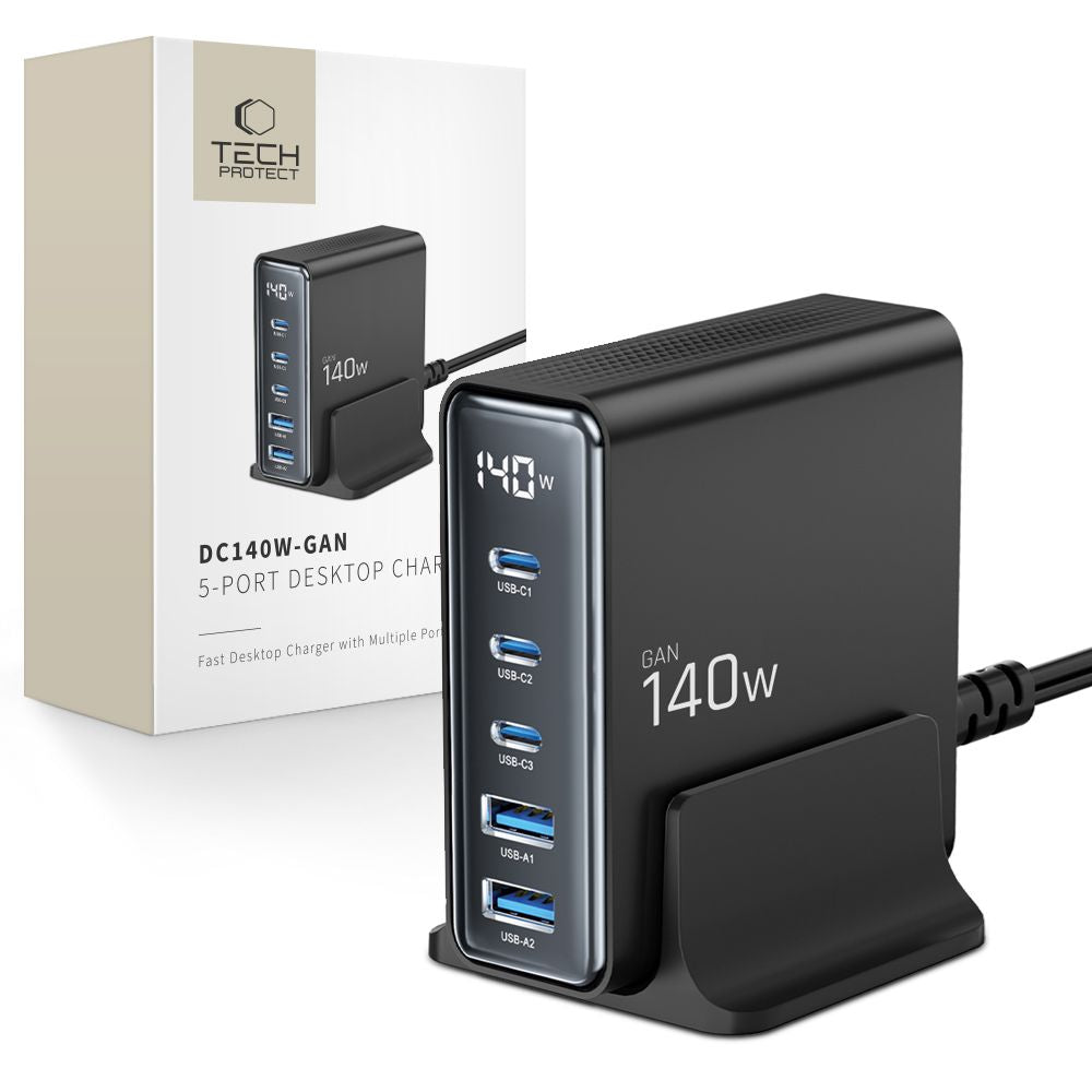 Punjač Stanica Tech-Protect DC140W, 140W, 3A, 2 x USB-A - 3 x USB-C, Crna