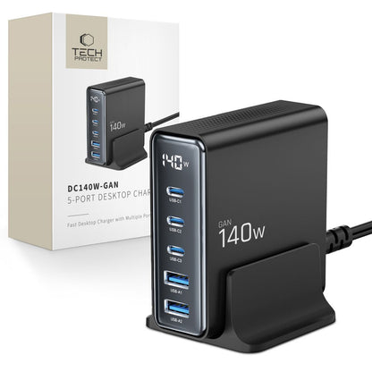 Punjač Stanica Tech-Protect DC140W, 140W, 3A, 2 x USB-A - 3 x USB-C, Crna