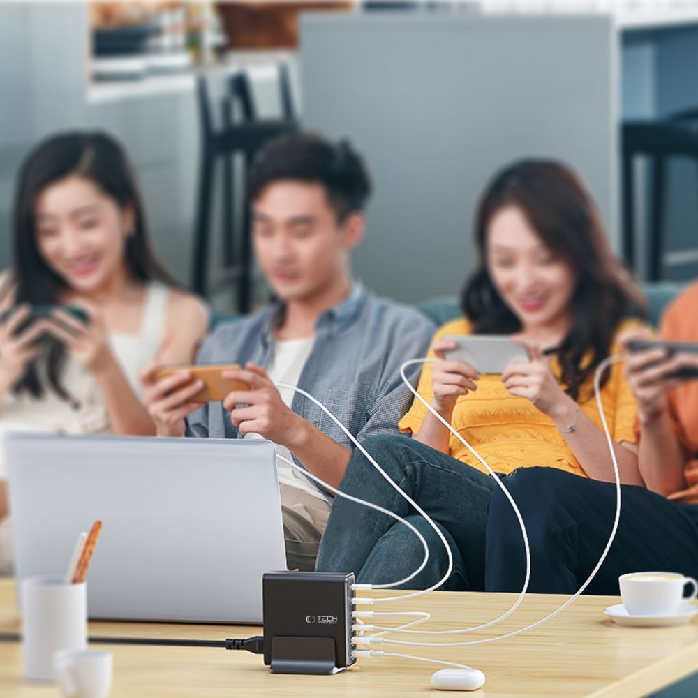 Punjač Stanica Tech-Protect DC80W, 80W, 3A, 2 x USB-A - 4 x USB-C, Crni