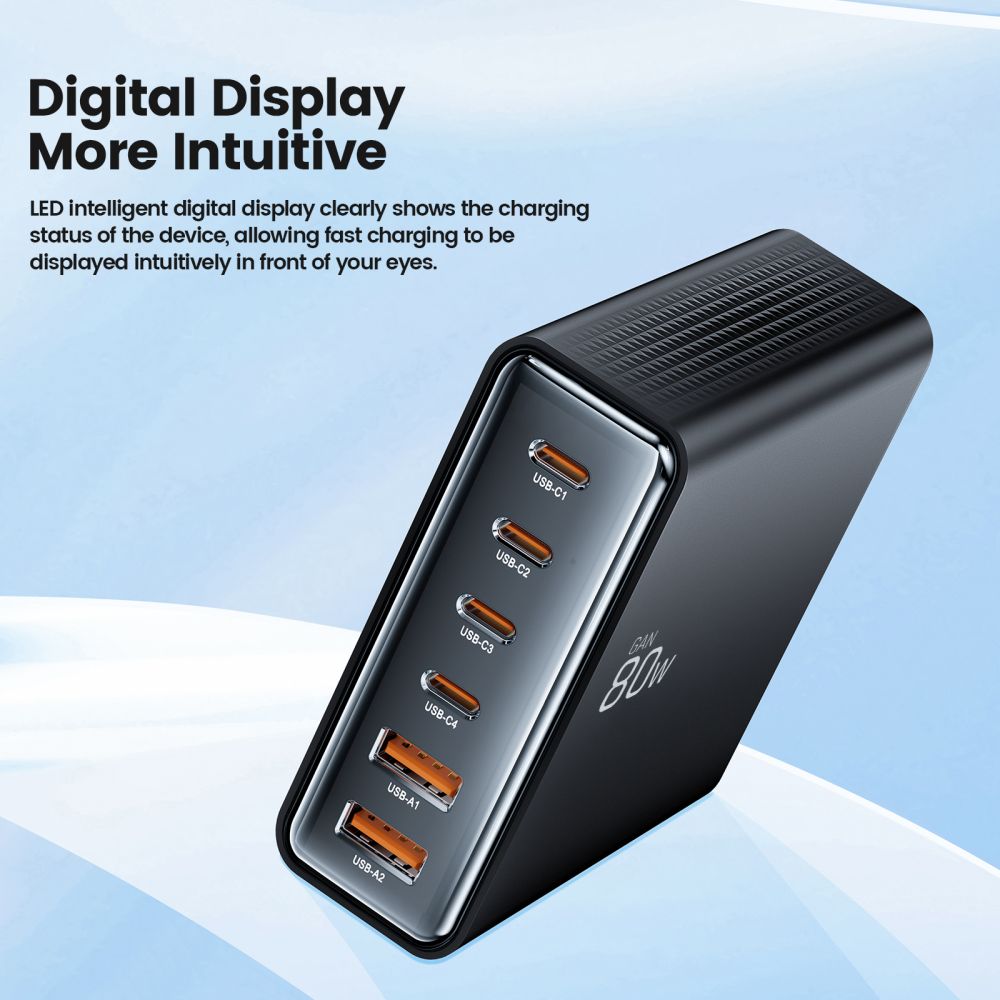 Punjač Stanica Tech-Protect DC80W, 80W, 3A, 2 x USB-A - 4 x USB-C, Crni