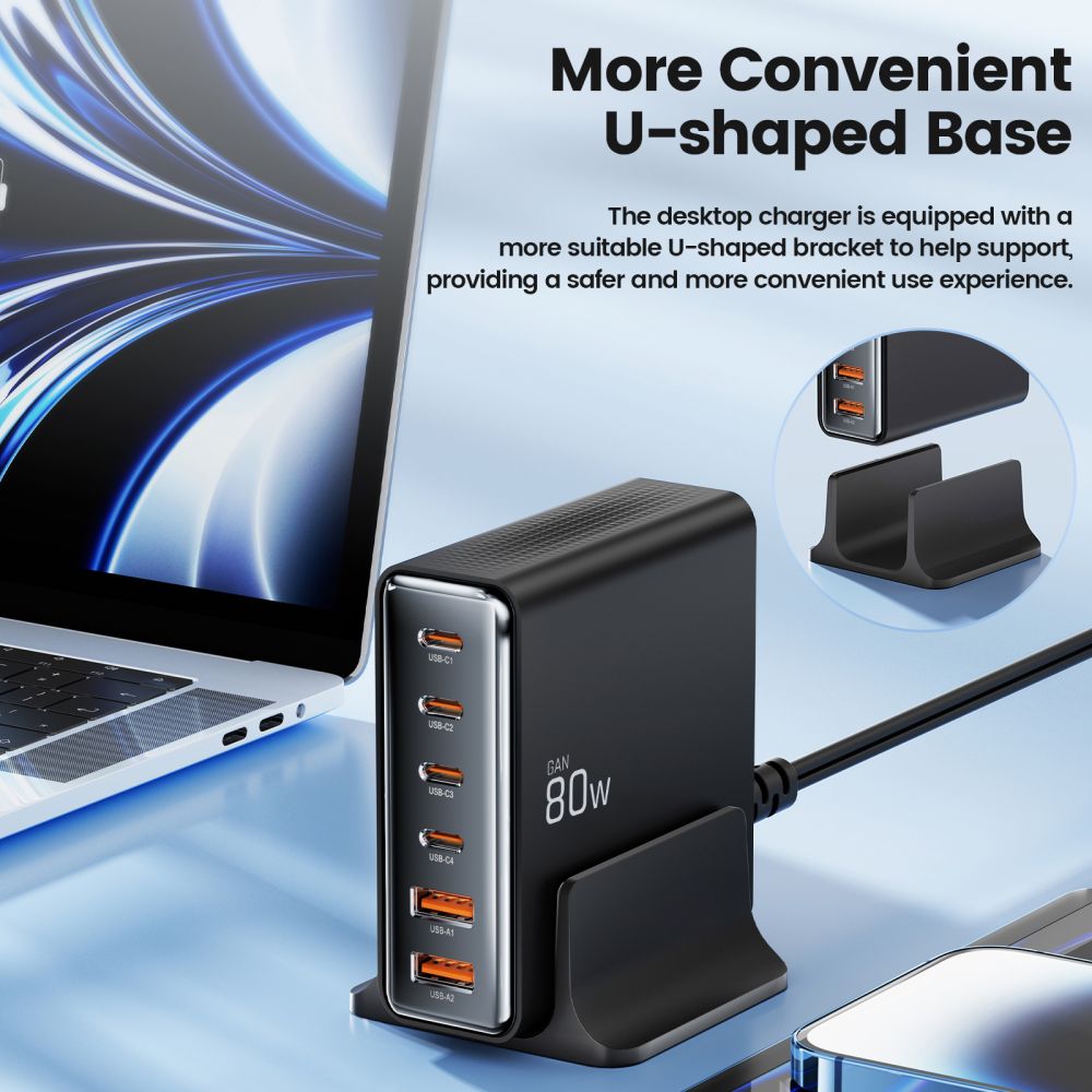 Punjač Stanica Tech-Protect DC80W, 80W, 3A, 2 x USB-A - 4 x USB-C, Crni