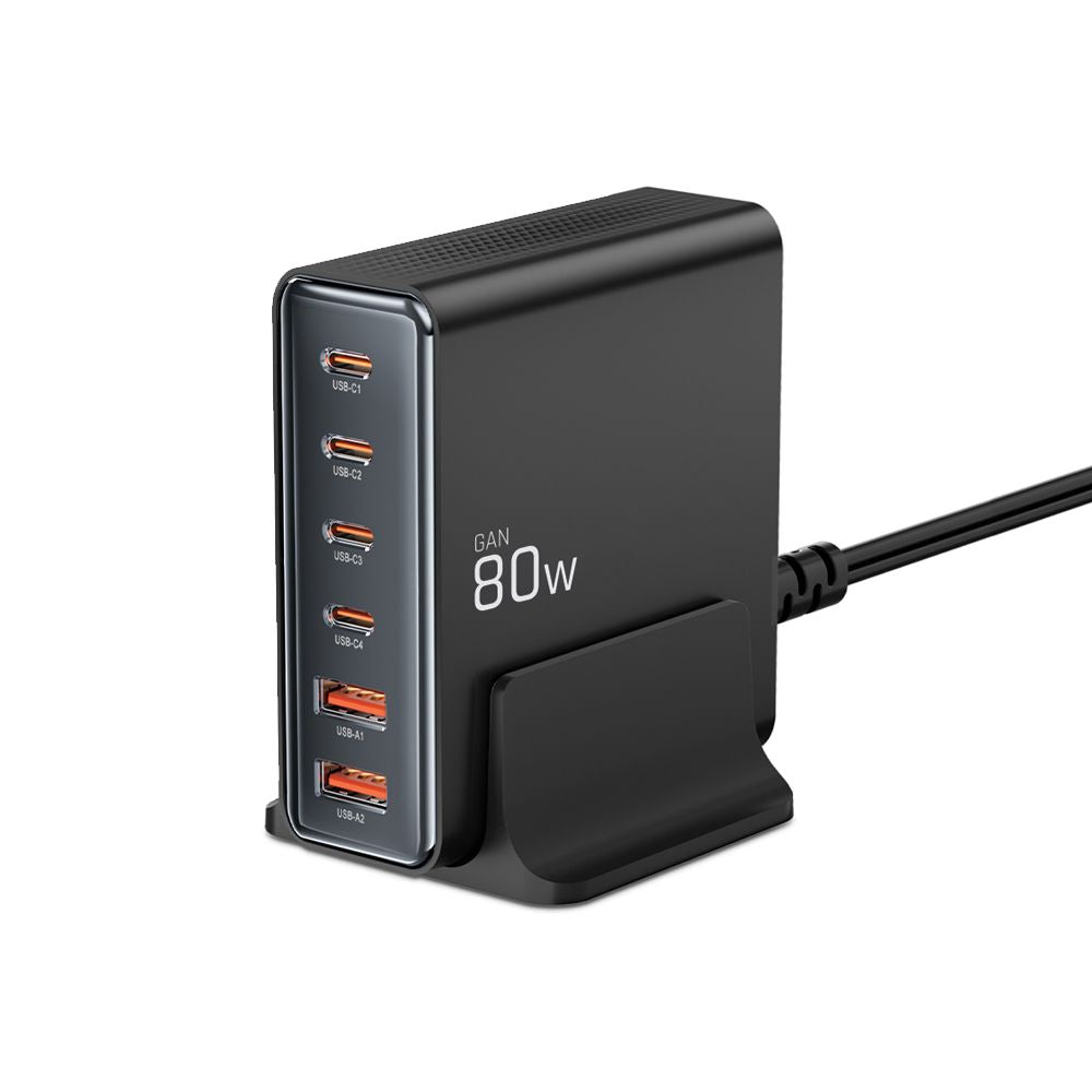 Punjač Stanica Tech-Protect DC80W, 80W, 3A, 2 x USB-A - 4 x USB-C, Crni